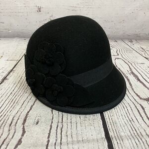 Nine West Hat‎ Wool Felt Floral Cloche Black Womens Art Winter Fall